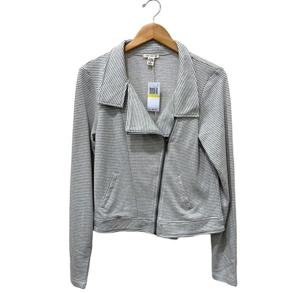 Seven Sisters Gray White Stripe Jersey Knit Zip Front Jacket Size Medium - Picture 1 of 6